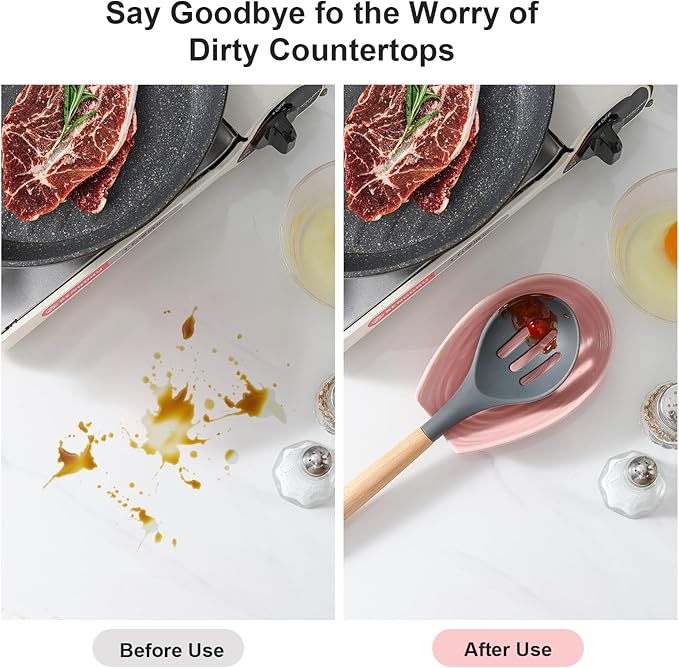 Spoon Rest for Kitchen Counter, Ceramic Cooking Spoon Holder for Stove Top, Porcelain Utensil Rest for Spatula, Ladle, Tong and Spoon, Modern Kitchen Accessories Decor, Pink