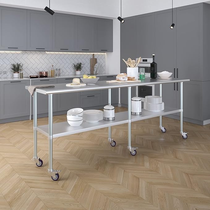 AmGood 96" Long x 24" Deep Stainless Steel Table with Casters