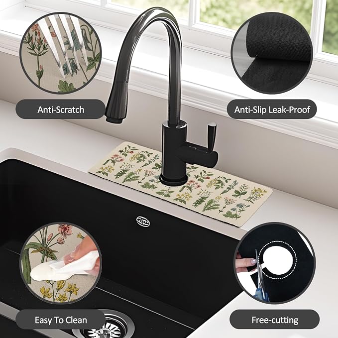 15" X 5.5" Kitchen Sink Splash Guard Faucet Mat Floral Super Absorbent Fast - Image 4