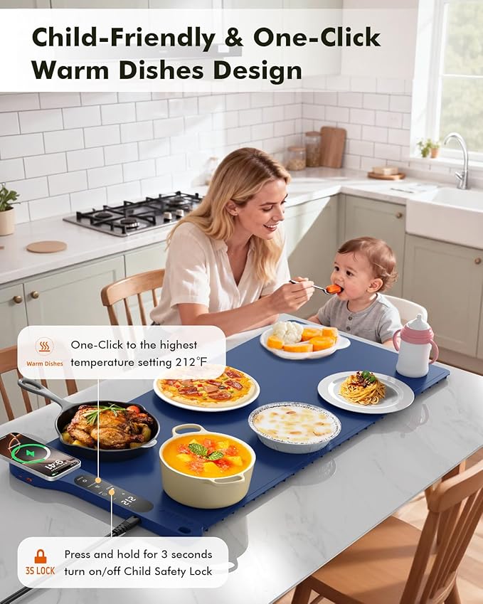 New Food Warming Mat with Wireless Charger, 34”x15” Extra Large Roll Up Food Warmer, Fast Heating Mat for Food with 7 Level Temperature & 8 Hours Timer, Electric Warming Trays for Buffets Party (Blue)