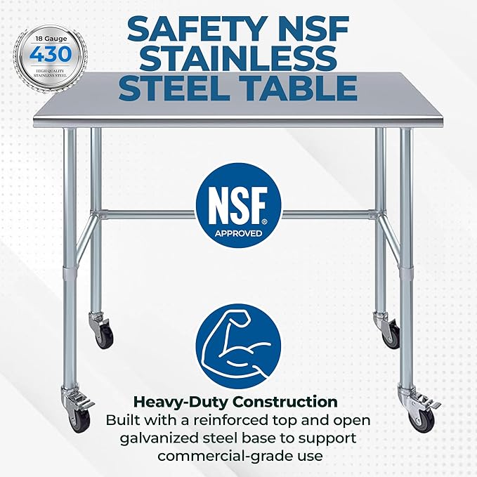 Stainless Steel Work Table Open Base & Wheels | Work Station | Metal Work Bench (Stainless Steel Work Table Open Base + Casters) (72" Long x 18" Deep)