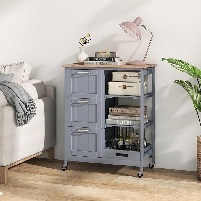 Giantex Kitchen Island Cart on Wheels, Rolling Utility Cart w/Rubber Wood Top, 3 Storage Drawers & 2 Removable Shelves & Removable Tray, Lockable Casters, Serving Cart for Dining Room, Bar, Grey