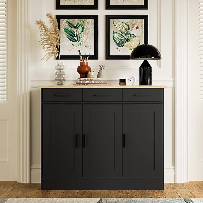 Anystyle 45" Black Buffet Cabinet with Storage, Kitchen Sideboard with 3 Drawers & 3 Doors, Modern Coffee Bar Cabinet Credenza Console Table for Dining Room, Living Room, Hallway