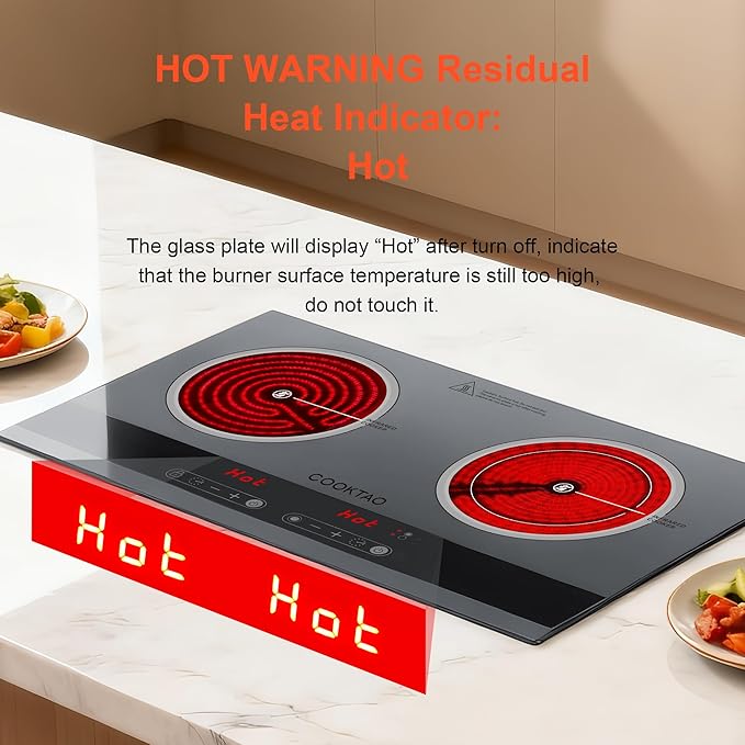Dual Coil Design of 2 Burner Electric Cooktop, 1800W Ceramic Hot Plate for Cooking, Infrared Double Burner Portable Countertop or 24inch Built-in Radiant Stove Top Cooker, Compatible with All Cookware