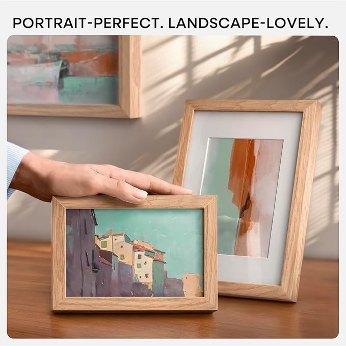 Homeforia 8x8 Picture Frames Wood, High-End Natural Oak 8 x 8 Square Frames with Mat 6 by 6 inch Photo, 8by8 Light Wooden Frames Matted to 6x6 Print, Tabletop Frame, Tempered Glass, Wall Kit, Set of 4
