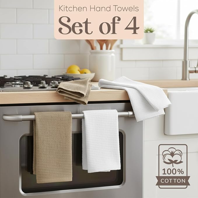 Kitchen Hand Towels Set of 4 Cotton Ribbed Taupe and White Hand Towels - Image 3