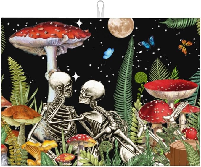 Red Mushroom Skull Dish Drying Mat by indokyeyqaz