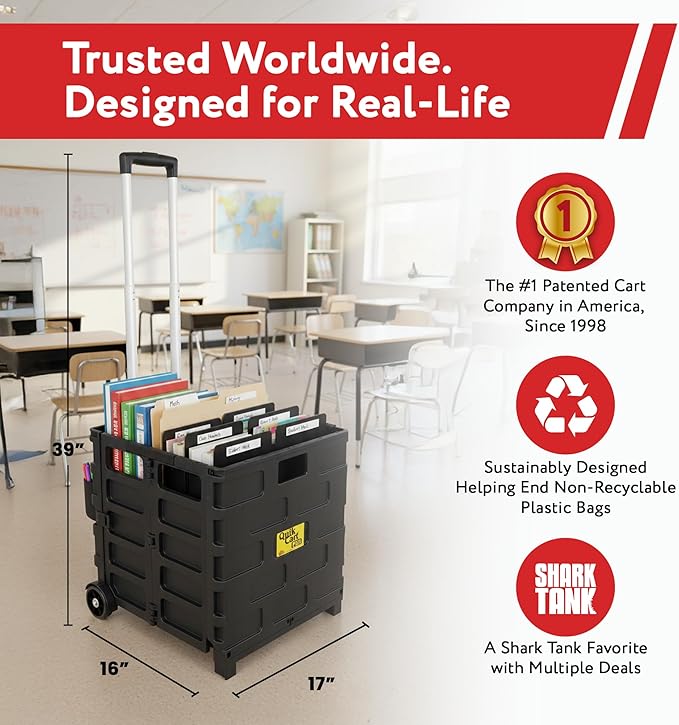 dbest products Quik Cart Pro Wheeled Rolling Crate Teacher Utility with seat Heavy Duty Collapsible Basket with Handle, Aluminum, Black