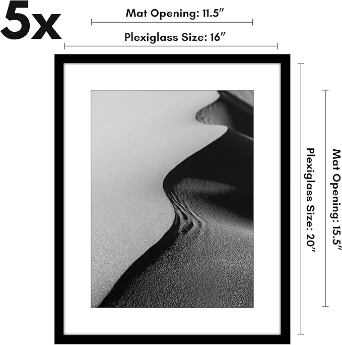 Americanflat 16x20 Picture Frame with Polished Plexiglass - Set of 5 - Use as 12x16 Frame with Mat or Display 16x20 Photo Without Mat - Galleria Collection - Picture Frames for Wall Display - Black