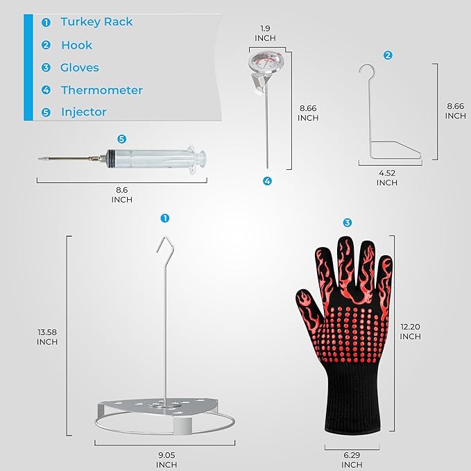 Deluxe Stainless Steel Turkey Fryer Accessories Kit – Turkey Deep Fryer Stand with Lifting Hook, Thermometer, Injector, & Heat-Resistant BBQ Gloves for Outdoor Cooking