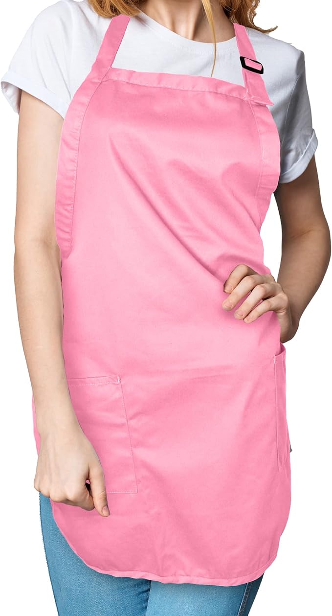 DALIX Apron Commercial Restaurant Home Bib Spun Poly Cotton Kitchen Aprons (2 Pockets) (12, Pink)