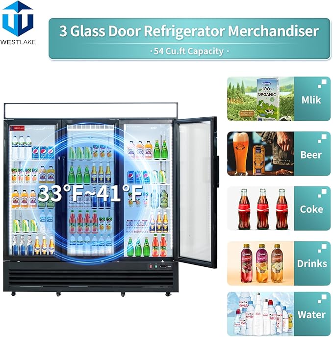 WESTLAKE 73" W Merchandiser Commercial Display Refrigerator 3 Glass Door 3 Section Reach-in Glass Door Upright Fan Cooling 54 Cu.ft Cooler for Restaurant, Bar, Shop, etc