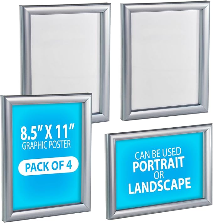 Azar Displays 300336-SLV-4PK Wall Mount Plastic Snap Poster Frame 8.5" x 11" Portrait/Landscape Sign Holder Frame, 4-Pack
