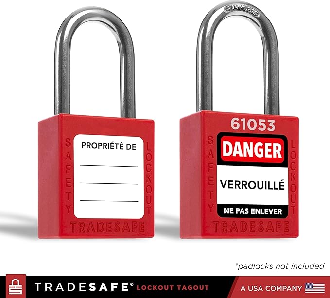 TRADESAFE Lockout Tagout Locks Label, Lock Out Tag Out Padlock Labels in English, Spanish, French, Danger Locked Out, Do Not Remove Loto Locks Stickers