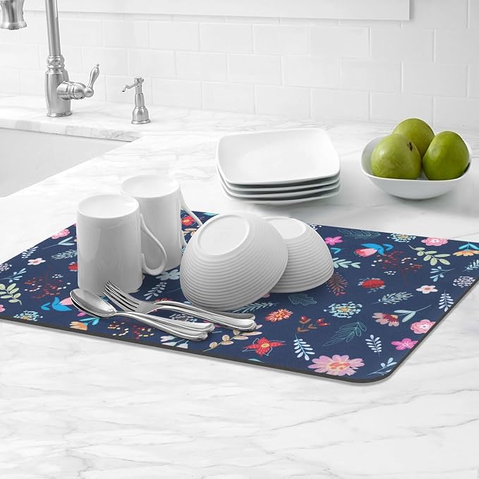 LOKHOM 12"x20" Dish Drying Mat，Colorful Floral Coffee Mat Blue | Colorful - Image 8