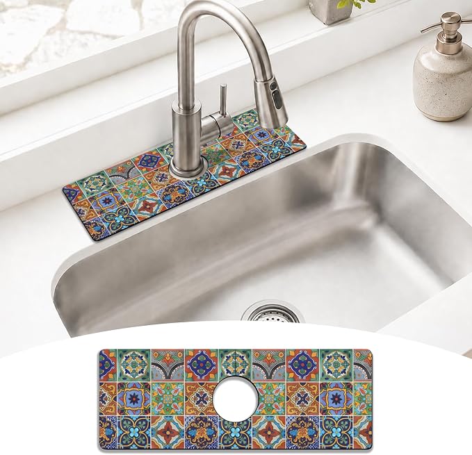 Mexican Ceramic Tile Kitchen Sink Splash Guard Faucet Mat, Faucet Non-slip by puwbnhj