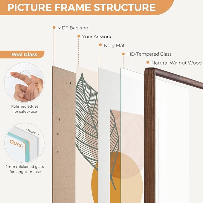 Axeman 27x40 Inch Walnut Frame - Rounded Corner 27 x 40 Poster Frame Matted to 24x36 - Natural Walnut Wood Picture Frame with Tempered Glass for Wall Mount Display