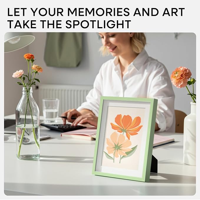 Homeforia Sage Green 6x8 Picture Frame, High End Metal 6 x 8 Frames with Mat 5 x 7 for Photo, 6by8 Desk Frame Matted to 5x7 inch Art, 6 by 8 Wall or Tabletop Frames, Tempered Glass, Wall Kit, Set of 2