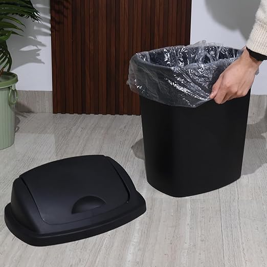 7 Gallon Plastic Kitchen Garbage Can, Black Trash Can with Swing Lid, 4 Pack