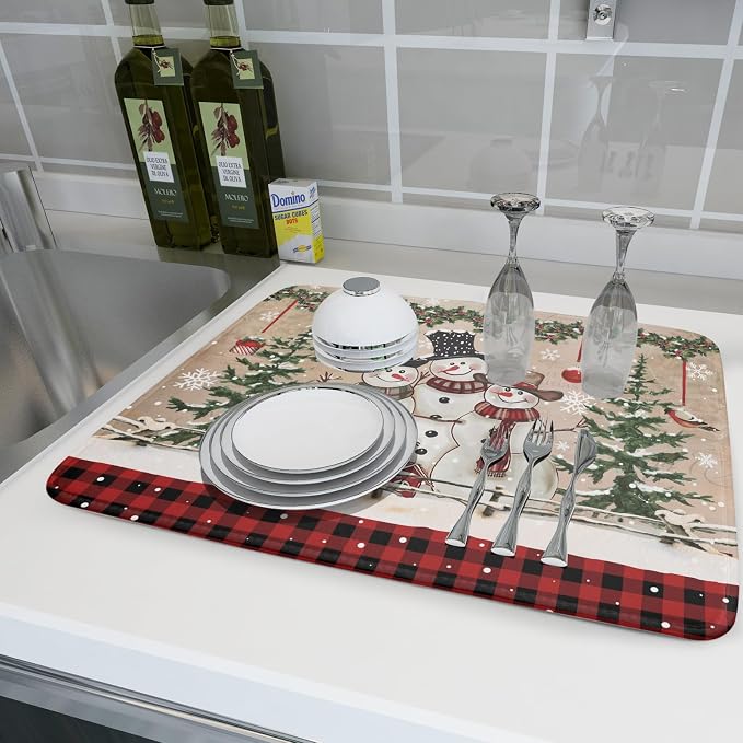 Winter Snowman Dish Drying Mat 18x24 Inch Red Buffalo Plaid Holiday Dish - Image 6