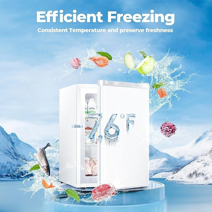 3.0 Cu.ft Small Freezer, Mini Upright Freezer with 7 Adjustable Thermostat, Removable Shelves, Reversible Single Door, for Bedroom/Home/Dorms/Apartment (White)