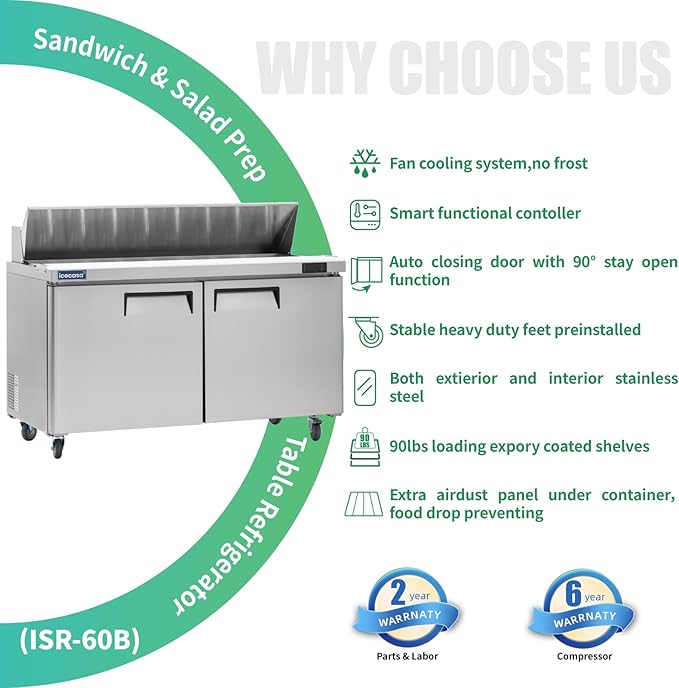 ICECASA 60" W Commercial Refrigerator Sandwich&Salad Prep Table single Door Stainless Steel Counter Fan Cooling Refrigerator with 16 pans-60 Inches for Restaurant, Bar, Shop, etc