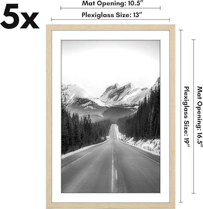 Americanflat 13x19 Picture Frame with Polished Plexiglass - Set of 5 - Use as 11x17 Frame with Mat or Display 13x19 Photo Without Mat - Galleria Collection - Picture Frames for Wall - Natural Oak
