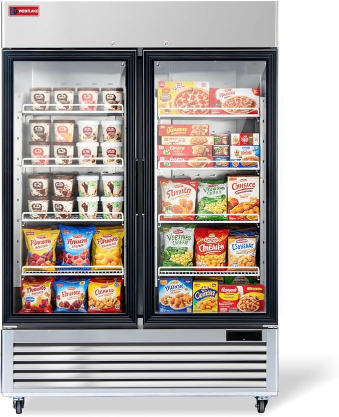 WESTLAKE 54" W Commercial Display Freezer 2 Glass door 49 Cu.ft Stainless Steel Merchandiser Reach-in Upriht Fan Cooling Digital Temperature Control Display Freezer for Restaurant, Bar, Shop, etc