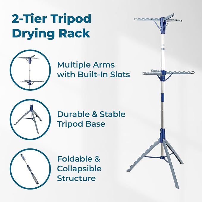 Honey-Can-Do 2-Tier Tripod Clothes Drying Rack, Chrome Steel | 73" tall 2-tier - Image 5