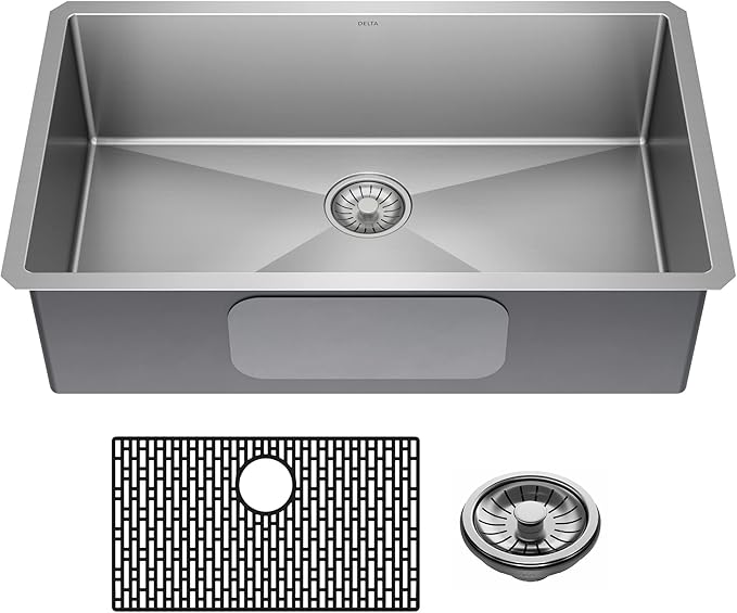 DELTA FAUCET Delta Lenta 32-inch Undermount 16 Gauge Stainless Steel Single Bowl Kitchen Sink with Accessories, 953034-32S-SS, Satin