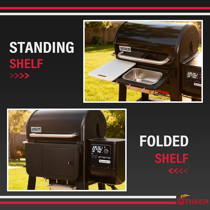 Utheer Front Folding Grill Table for Weber Searwood 600 – 23" x 12.5" Large Front Shelf with Stainless Steel Basin, Works Cutting Board, Lid & 5 Hooks, Heavy-Duty Weber Searwood 600 Accessories