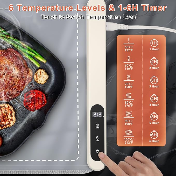 FYY Warming Mat for Food with Heat Resistant Pad, Prevent Countertop Cracks, Keep Meal Warm, Rapid and Full Surface Heating, 6 Temp Settings, 6H Timer, Upgraded Rollable Portable Food Warmer Mat Grey