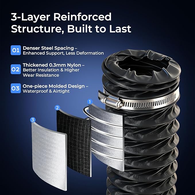 Diesel Heater Ducting 3inch 16FT, Nylon Flexible Duct Hose, Insulated Duct Vent Hose for Diesel Heater, 3D Printer, Dryer Vent, RV, Boat Blower, Ventilation Systems, Black