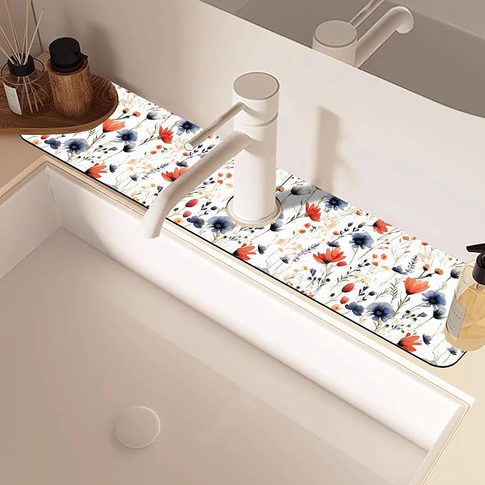 Watercolor Red and Blue Flowers Sink Faucet Absorbing Mat Sink Splash Guard - Image 2
