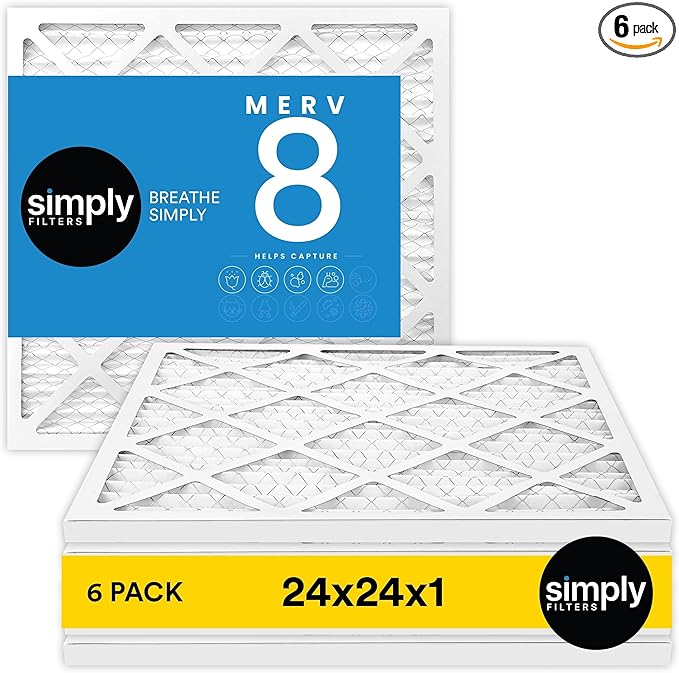 Simply 24x24x1 Air Filter, Merv 8, 6 Pack, For Home AC Furnace & HVAC (Actual Size: 23.75"x23.75"x0.75") DUST, Pet, & Allergy Control