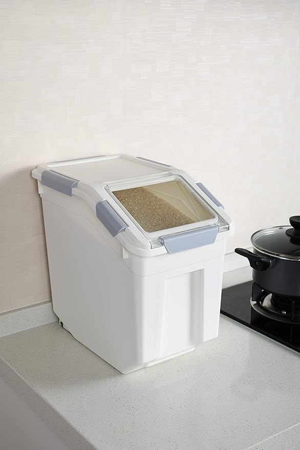 EonTone Pack-2 Large Sealed Bulk Rice Storage Container 15 Liters (30 lbs) with Lockable Lid Wheels and Measuring Cup BPA-Free Food Dispenser