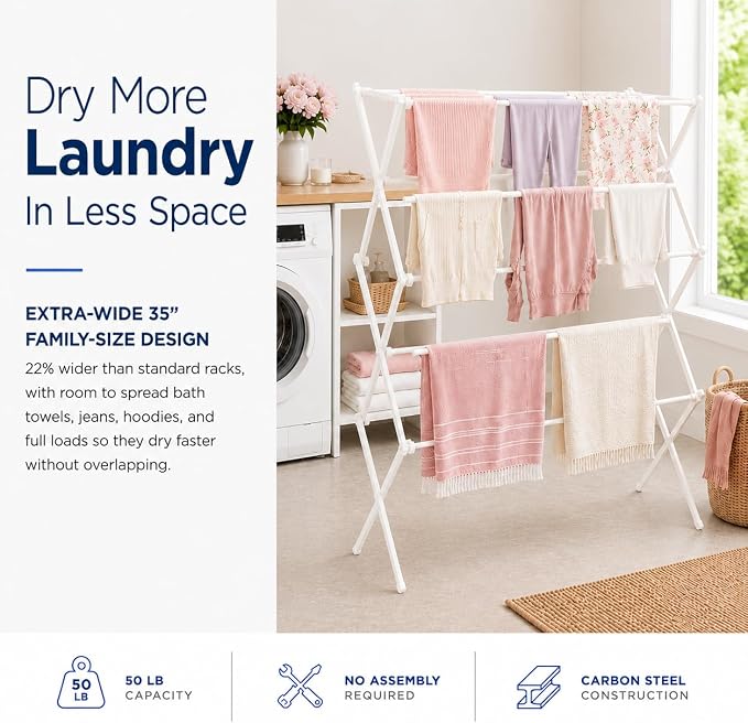 Honey-Can-Do Oversized Clothes Drying Rack, Extra-Wide 35", 50 lb, jeans & - Image 2