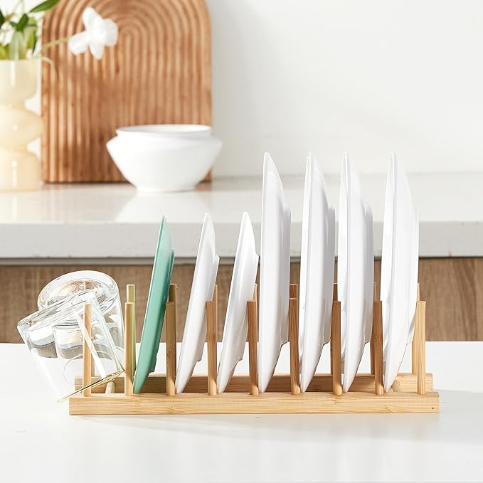 2 Pack Bamboo Wooden Dish Rack-Plate Pot Lid Cutting Board Organizer Holder Rack for Cabinet-Kitchen Cabinet Organizer for Dish, Pots, Lids, Bowls, Bottles, Books, and Puzzle