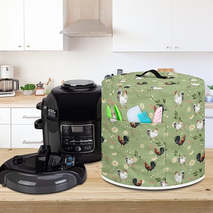 Air Fryer Dust Cover Compatible with 6 Quart Dust Protection Insulated Kitchen Appliance Cover with Top Handle & Pockets for Home Decoration, Rooster Daisy Floral Green