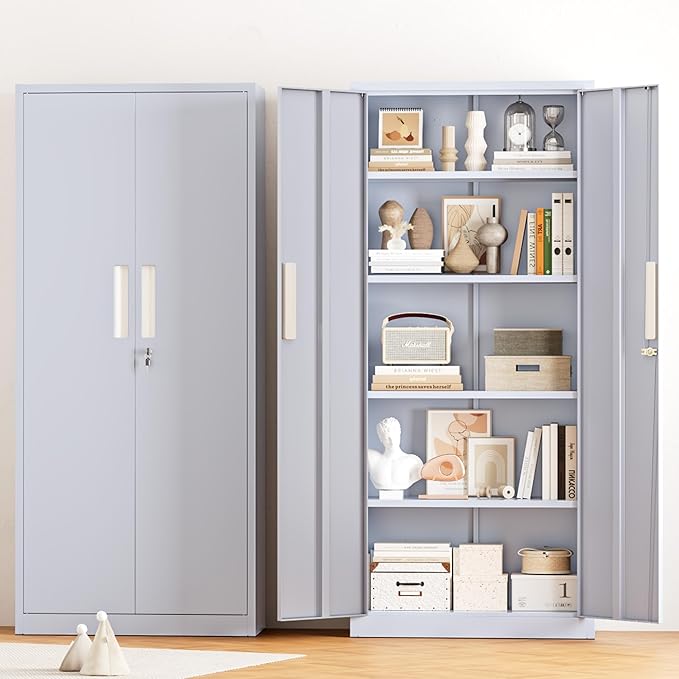 Crownland 63" Metal Storage Cabinet, Lockable Garage Storage Cabinets, High Office Cabinet with Adjustable Shelves for Garage, Home Office, Pantry, File(Cement Grey)