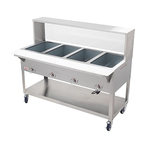Kratos Commercial Electric Steam Table/Hot Food Table with Overshelf and Sneeze Guard, 4 Wells, Stainless Steel, Stationary, NSF, 240V (28W-204)