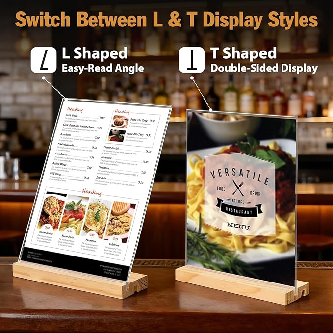 2pack 8.5x11 Acrylic Sign Holder with Wood Base for Picture Frames,L/T Shape Double Slot Design for Vertical or Slant Back Display, for Restaurant, Office, School, Store and Home Use