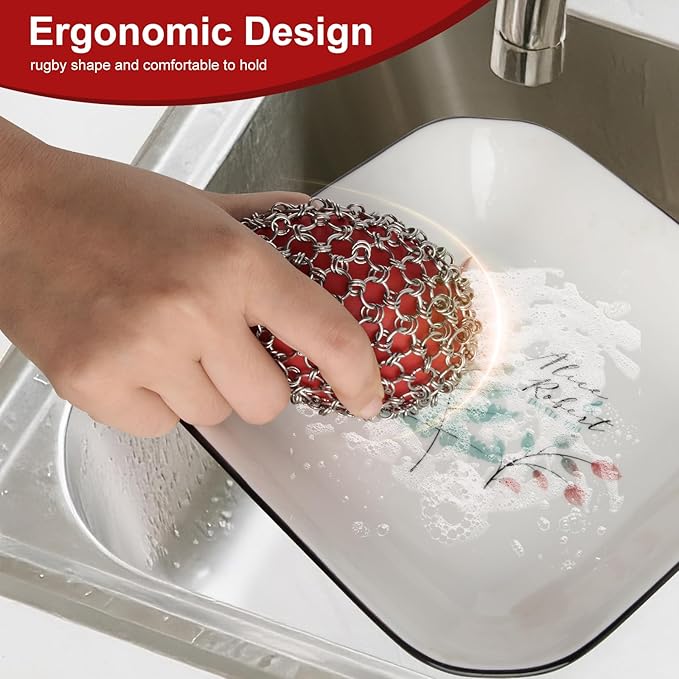 Cast Iron Scrubber Cleaner, Rugby Shape Scrubber Chain Mail with Silicone Core, Cast Iron Skillet Cleaner Cleaning Care Kit Perfect for Cast Iron Cookware,Skillet,Woks - Red