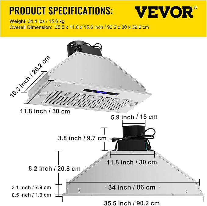 VEVOR Insert Range Hood, 900CFM 4-Speed, 36 Inch Stainless Steel Built-in Kitchen Vent with Touch & Remote Control LED Lights Baffle Filters, Ducted/Ductless Convertible, ETL Listed…