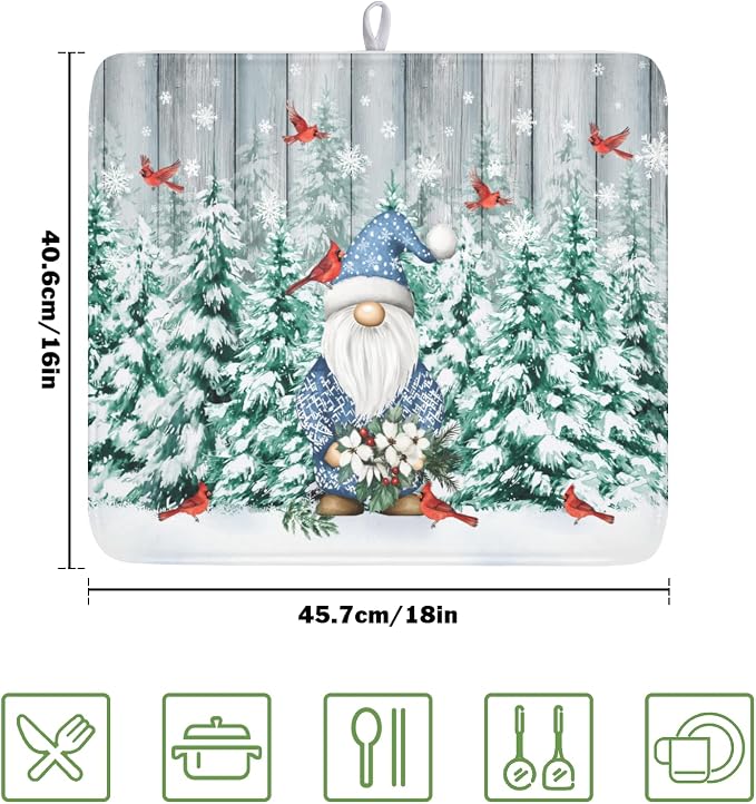 Giwawa Winter Gnome Dish Drying Mat Pine Tree Dishes Pad 16"x18" Microfiber - Image 2
