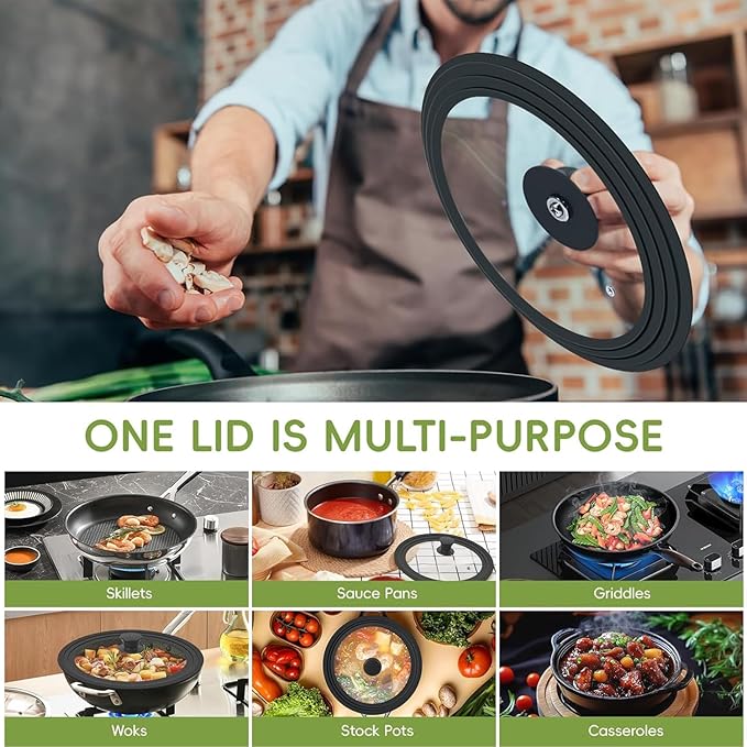 Universal Lid for Pots, Pans and Skillets, Tempered Glass Lid fit 6.5", 7", 8" Skillets, Pots, Frying Pans, Cast Iron, Crock Pot and Other Glass Covers Replacement