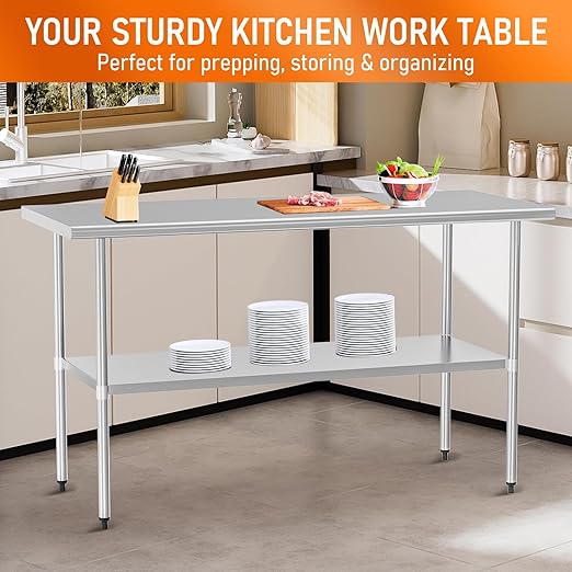 Stainless Steel Table for Food Prep & Work 30 x 60 inches Utility Table with Adjustable Undershelf, Commercial Workstation in Kitchen, Garage, Outdoor BBQ