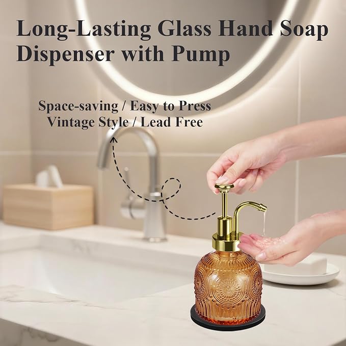 Amolliar 8 Oz Glass Vintage Soap Dispenser Plastic Gold Pump, - Image 4