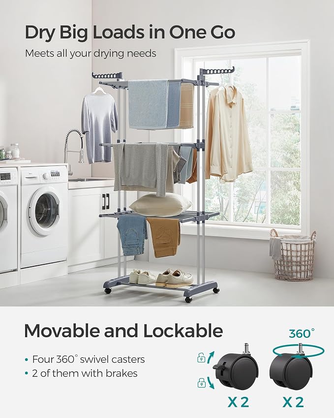 SONGMICS Clothes Drying Rack 4-Tier, Foldable Laundry Rack, Steel | Indoor - Image 3