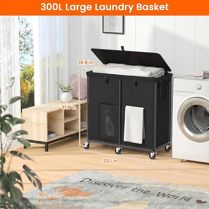 80 GAL Laundry Hamper with Lid & Wheels, Rolling Laundry Basket with Bag - Image 2